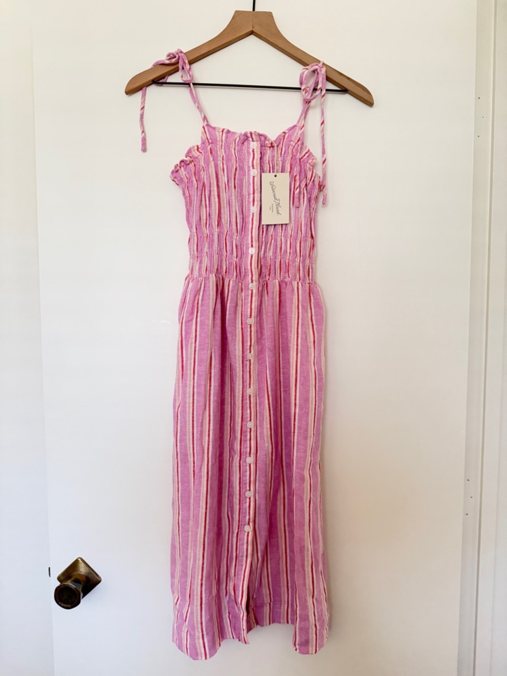 Pink Striped Linen Midi Dress - S